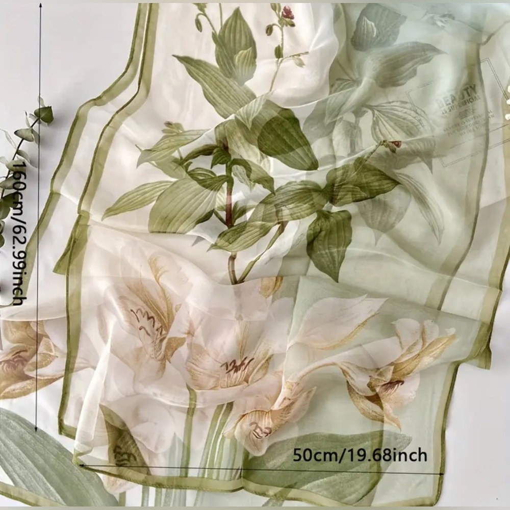 Sheer Floral Green Border Scarf - Women Accessories